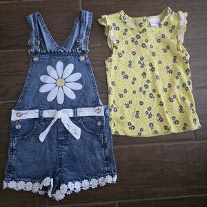 Little Lass Yellow Floral Ribbed Tee with Denim Daisy Short Overalls